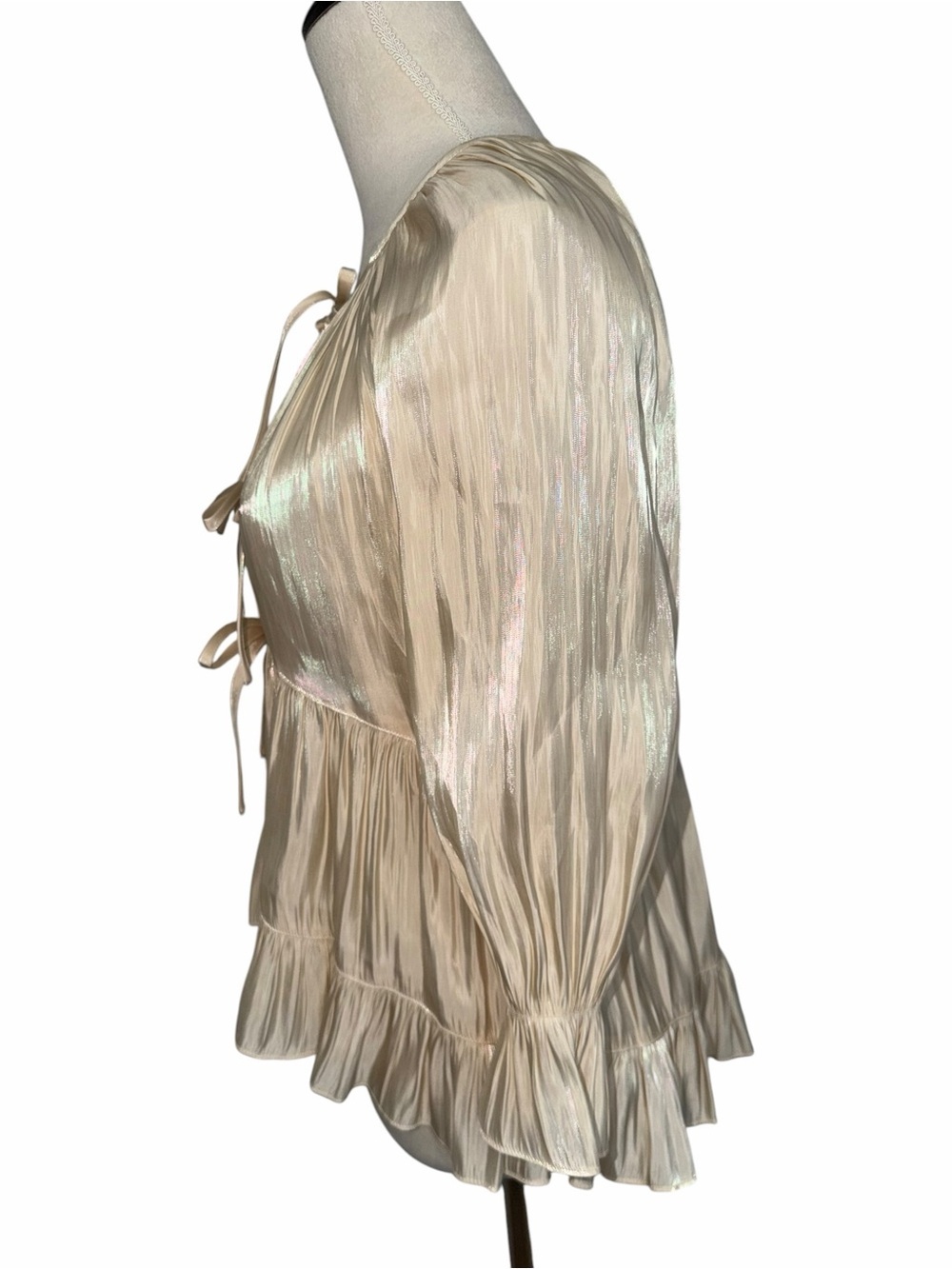Cinq a Sept Cream Shiny Champagne Ruffled Tie-Front Peasant Blouse - Picture 5 of 7